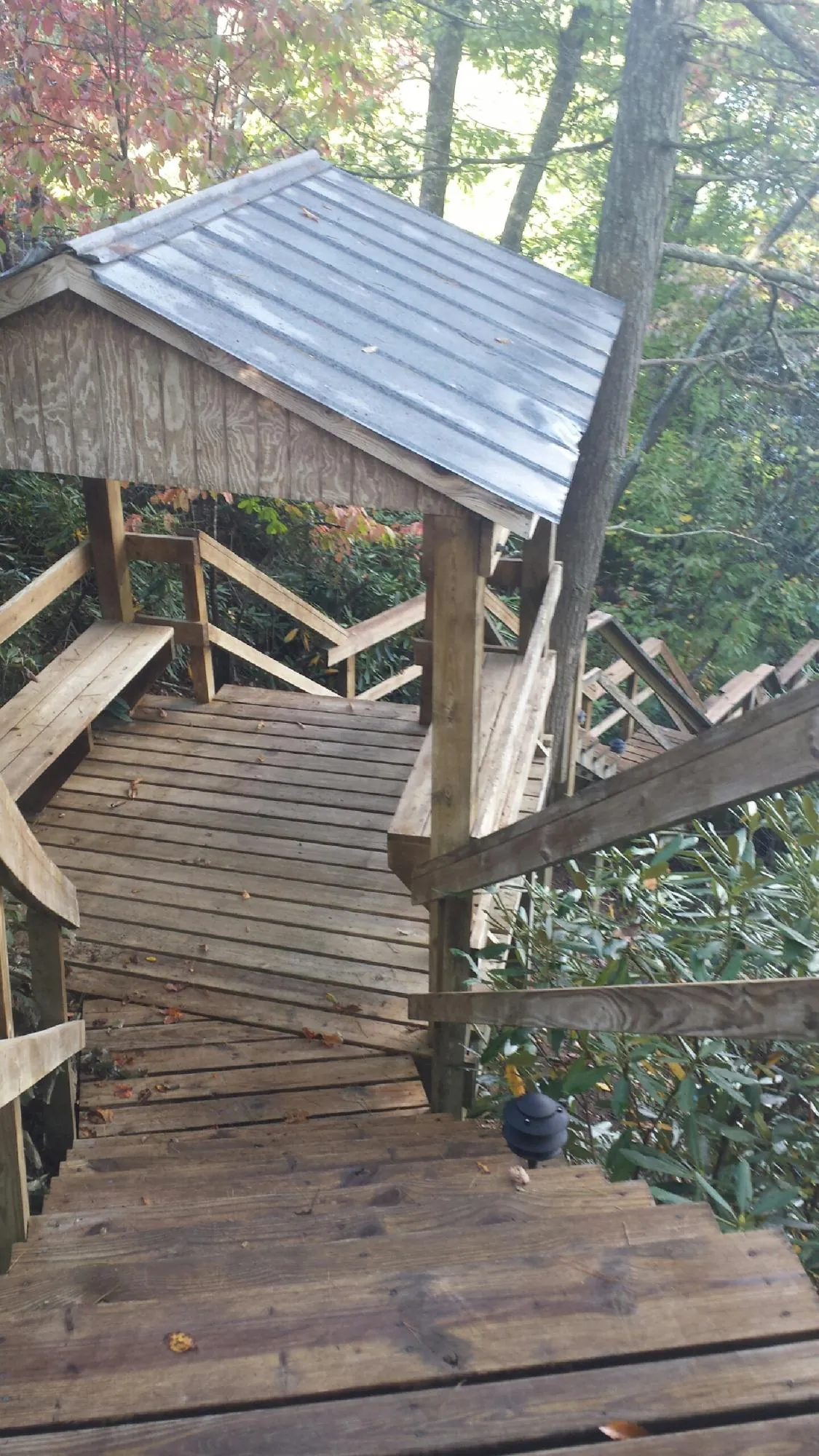 Metal roofed shelter over wooden steps on a wooded walkway — Skylight Repair & Installation work by our crew in Frenchburg